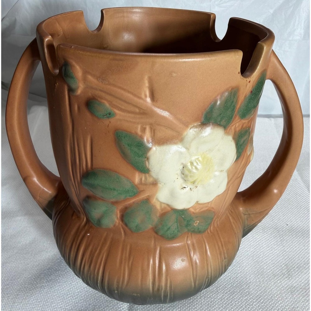 Roseville Pottery Clematis Brown Floral Double Handled Vase 985-8 VTG Art Deco